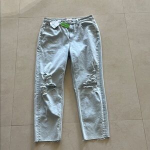 Guess Mom high-rise light-wash jeans with raw hem and distressed detailing. Sz